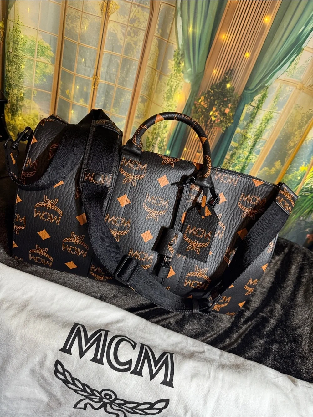MCM Black Visetos Boston Duffel with Cognac Logo Ottomar Weekender